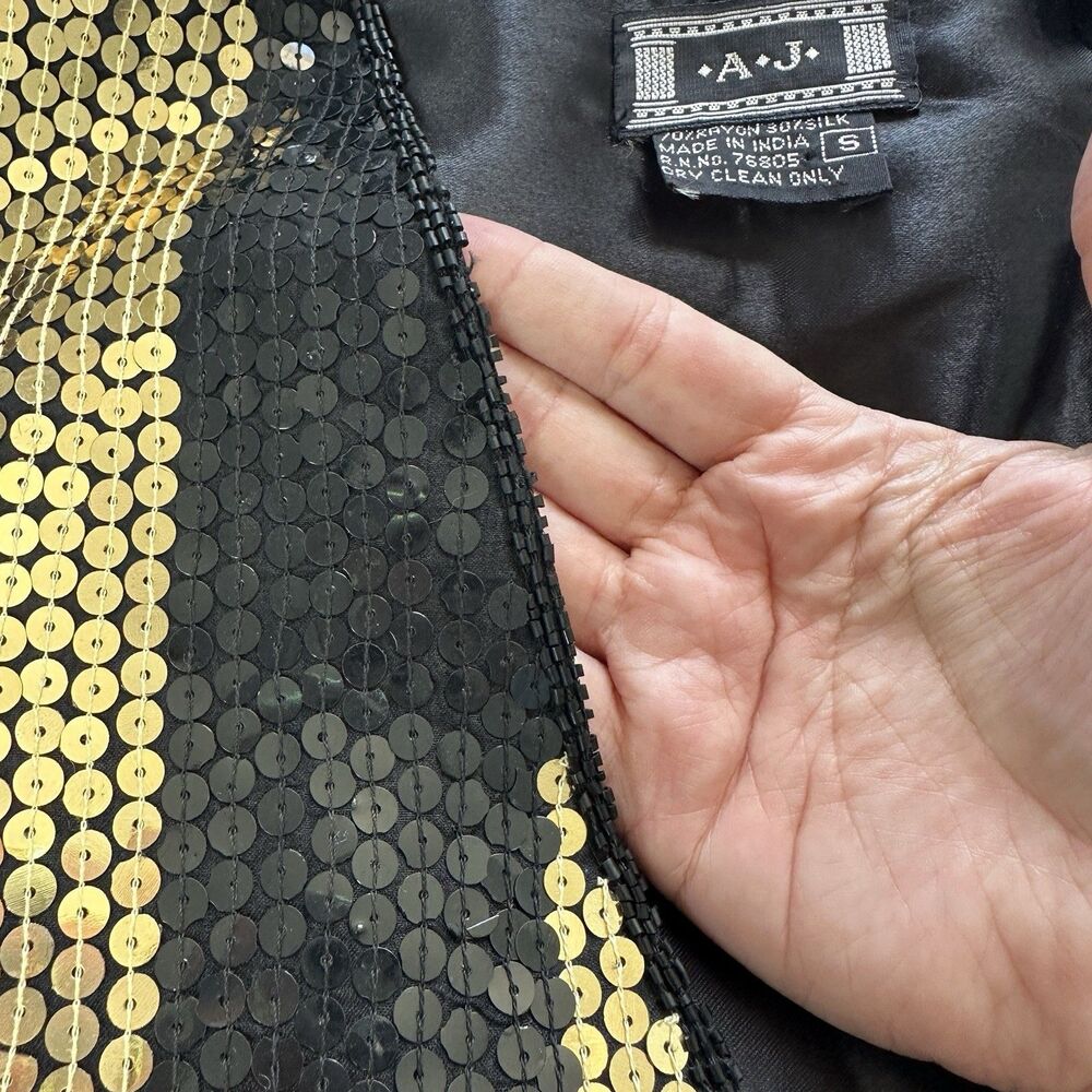 Vtg 80s AJ Silk Blend Vest Womens Small Black Gold Sequin Beads Waistcoat Party - Picture 2 of 8